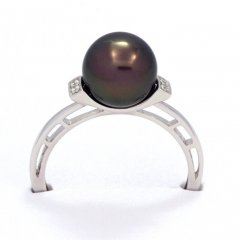 Rhodiated Sterling Silver Ring and 1 Tahitian Pearl Round B 8.8 mm