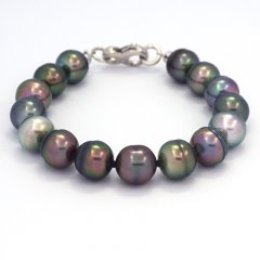 Bracelet with 15 Tahitian Pearls Ringed B  10 to 10.4 mm and Rhodiated Sterling Silver