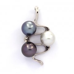 Rhodiated Sterling Silver Pendant and 3 Tahitian Pearls Near-Round C 9 mm