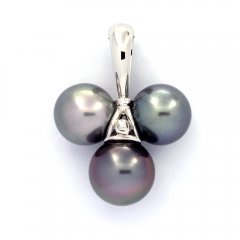 Rhodiated Sterling Silver Pendant and 3 Tahitian Pearls Near-Round C from 9 to 9.6 mm