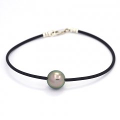 Rubber, Sterling Silver Bracelet and 1 Tahitian Pearl Round C 10.8 mm