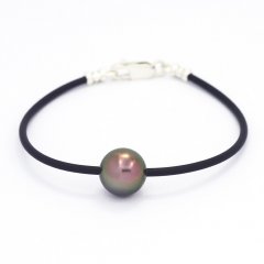 Rubber, Sterling Silver Bracelet and 1 Tahitian Pearl Round C 10.5 mm