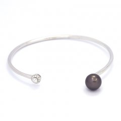 Rhodiated Sterling Silver Bracelet and 1 Tahitian Pearl Round C 8.5 mm