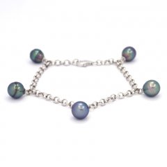 Rhodiated Sterling Silver Bracelet and 5 Tahitian Pearls Ringed B+  7.8 to 8.4 mm