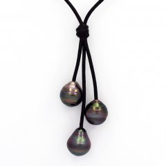 Leather Necklace and 3 Tahitian Pearls Ringed C  10.4 to 10.6 mm