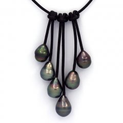 Leather Necklace and 6 Tahitian Pearls Ringed B  9 to 9.5 mm