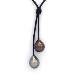 Leather Necklace and 2 Tahitian Pearls Ringed C 10.5 and 10.7 mm