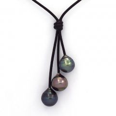 Leather Necklace and 3 Tahitian Pearls Ringed C  10 to 10.5 mm