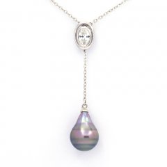 Rhodiated Sterling Silver Necklace and 1 Tahitian Pearl Ringed C 9.8 mm