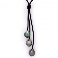 Leather Necklace and 3 Tahitian Pearls Ringed B  9.5 to 9.6 mm