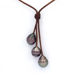 Leather Necklace and 3 Tahitian Pearls Ringed C  10.2 to 10.7 mm