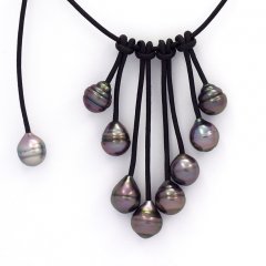 Leather Necklace and 9 Tahitian Pearls Ringed B  9 to 9.9 mm