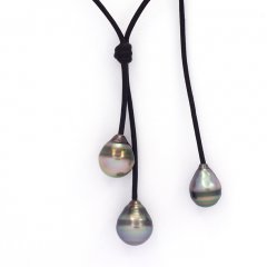 Leather Necklace and 3 Tahitian Pearls Ringed C 9 to 10.4 mm