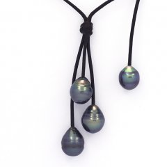 Leather Necklace and 4 Tahitian Pearls Ringed C  9.4 to 10.6 mm