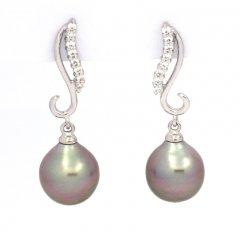 Rhodiated Sterling Silver Earrings and 2 Tahitian Pearls Semi-Baroque B 9.2 mm