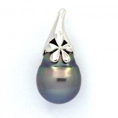 Rhodiated Sterling Silver Pendant and 1 Tahitian Pearl Ringed C 12 mm