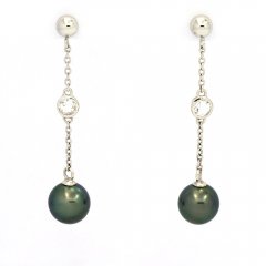 Rhodiated Sterling Silver Earrings and 2 Tahitian Pearls Near-Round B 9.3 mm