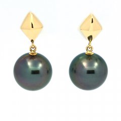 18K solid Gold Earrings and 2 Tahitian Pearls Round B 8.3 mm
