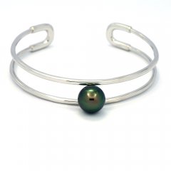 Rhodiated Sterling Silver Bracelet and 1 Tahitian Pearl Round C 10.3 mm
