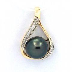 14k Gold Pendant + 6 diamonds 0.04 carats VS1 and 1 Tahitian Pearl Round B 8.2 mm