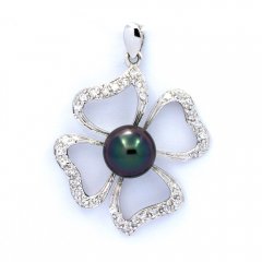 Rhodiated Sterling Silver Pendant and 1 Tahitian Pearl Round C 8.2 mm