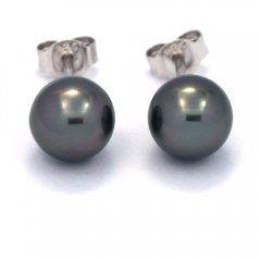 Rhodiated Sterling Silver Earrings and 2 Tahitian Pearls Round C 8 mm