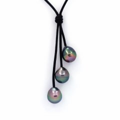 Leather Necklace and 4 Tahitian Pearls Ringed C 9.1 to 10.7 mm