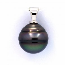 Rhodiated Sterling Silver Pendant and 1 Tahitian Pearl Ringed B/C 13 mm