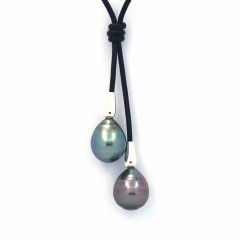 Leather Necklace and 2 Tahitian Pearls Ringed C 10.8 and 11 mm