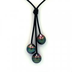 Leather Necklace and 3 Tahitian Pearls Ringed C+  9.9 to 10.3 mm
