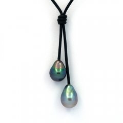 Leather Necklace and 2 Tahitian Pearls Baroque C+ 9.5 mm