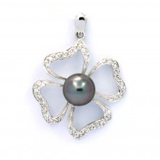 Rhodiated Sterling Silver Pendant and 1 Tahitian Pearl Round C 8.4 mm