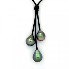 Leather Necklace and 3 Tahitian Pearls Ringed C  10 to 10.9 mm