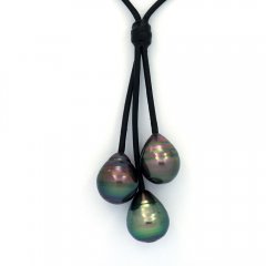 Leather Necklace and 3 Tahitian Pearls Ringed C 10 to 10.7 mm