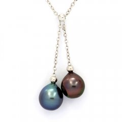 Rhodiated Sterling Silver Necklace and 2 Tahitian Pearls Semi-Baroque C+ 9.6 mm