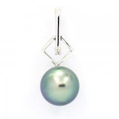 14K Solid White Gold + 1 diamond 0.01 carat VS1 and 1 Tahitian Pearl Round B 9.2 mm