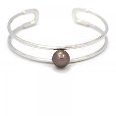 Rhodiated Sterling Silver Bracelet and 1 Tahitian Pearl Round B 9.5 mm