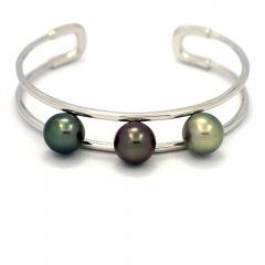 Rhodiated Sterling Silver Bracelet and 3 Tahitian Pearls Semi-Round B 9.9 mm