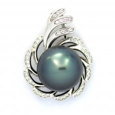 Rhodiated Sterling Silver Pendant and 1 Tahitian Pearl Round C 15 mm