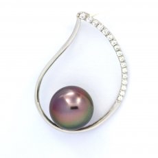 Rhodiated Sterling Silver Pendant and 1 Tahitian Pearl Round C 9.2 mm