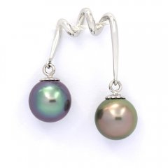 Rhodiated Sterling Silver Pendant and 2 Tahitian Pearls Round C 9.2 mm