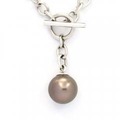 Rhodiated Sterling Silver Bracelet and 1 Tahitian Pearl Round C 10.7 mm