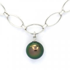 Rhodiated Sterling Silver Bracelet and 1 Tahitian Pearl Round C 10.4 mm