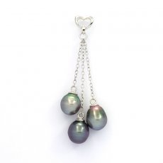 Rhodiated Sterling Silver Pendant and 3 Tahitian Pearls Ringed B 8.4  8.8 mm