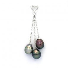 Rhodiated Sterling Silver Pendant and 3 Tahitian Pearls Ringed B 8.3 to 8.9 mm