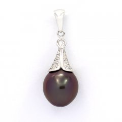 Rhodiated Sterling Silver Pendant and 1 Tahitian Pearl Semi-Baroque B 9.5 mm