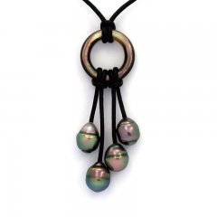 Leather Necklace and 4 Tahitian Pearls Ringed B 8.2 to 9 mm