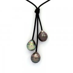Leather Necklace and 3 Tahitian Pearls Ringed C 10.7 mm