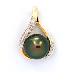 14K Solid Gold + 6 diamonds 0.04 carats VS1 and 1 Tahitian Pearl Round B+ 9.3 mm
