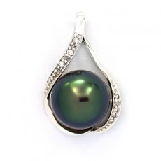14K Solid White Gold + 6 diamonds 0.04 carats VS1 and 1 Tahitian Pearl Near-Round B+ 10.7 mm